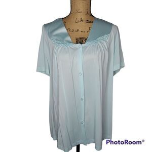 Vintage 80s Vanity Fair Light Blue Button Pajama Top Floral Trim